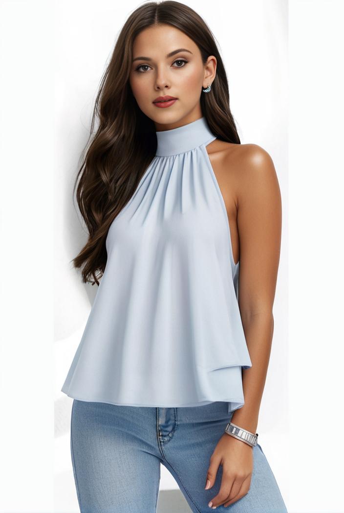 mock neck ruched ruffles sleeveless casual top 126316