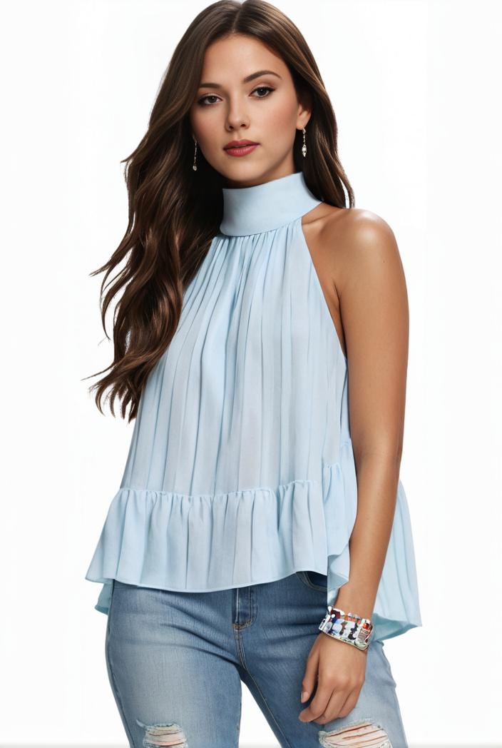 mock neck ruched ruffles sleeveless casual top 126313