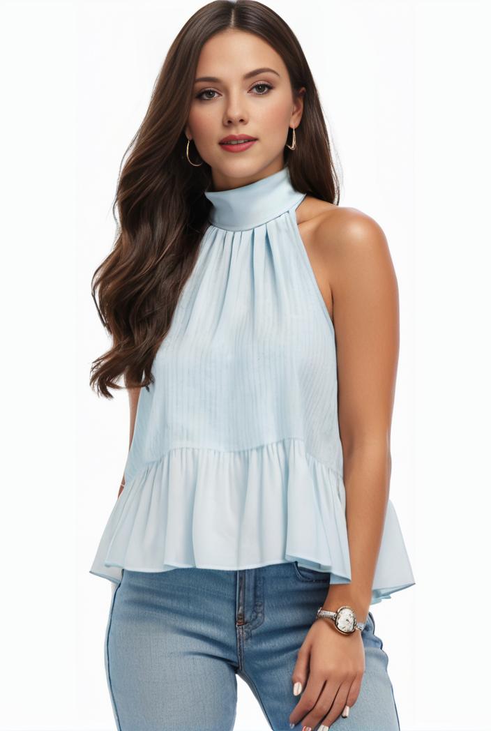 mock neck ruched ruffles sleeveless casual top 126314