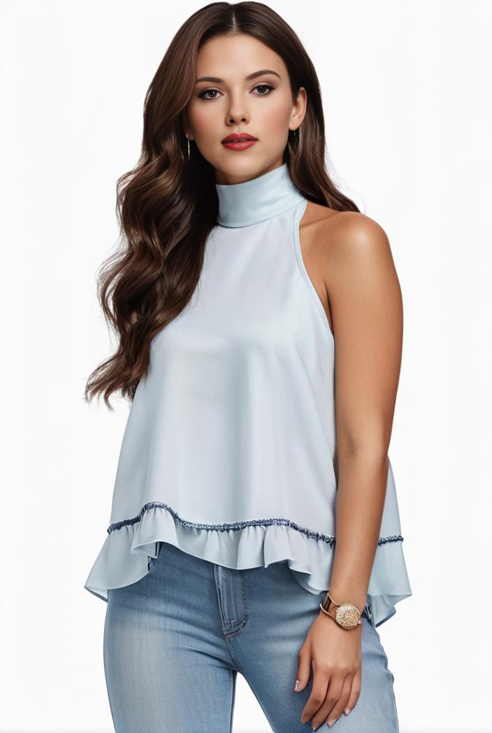 mock neck ruched ruffles sleeveless casual top 126315