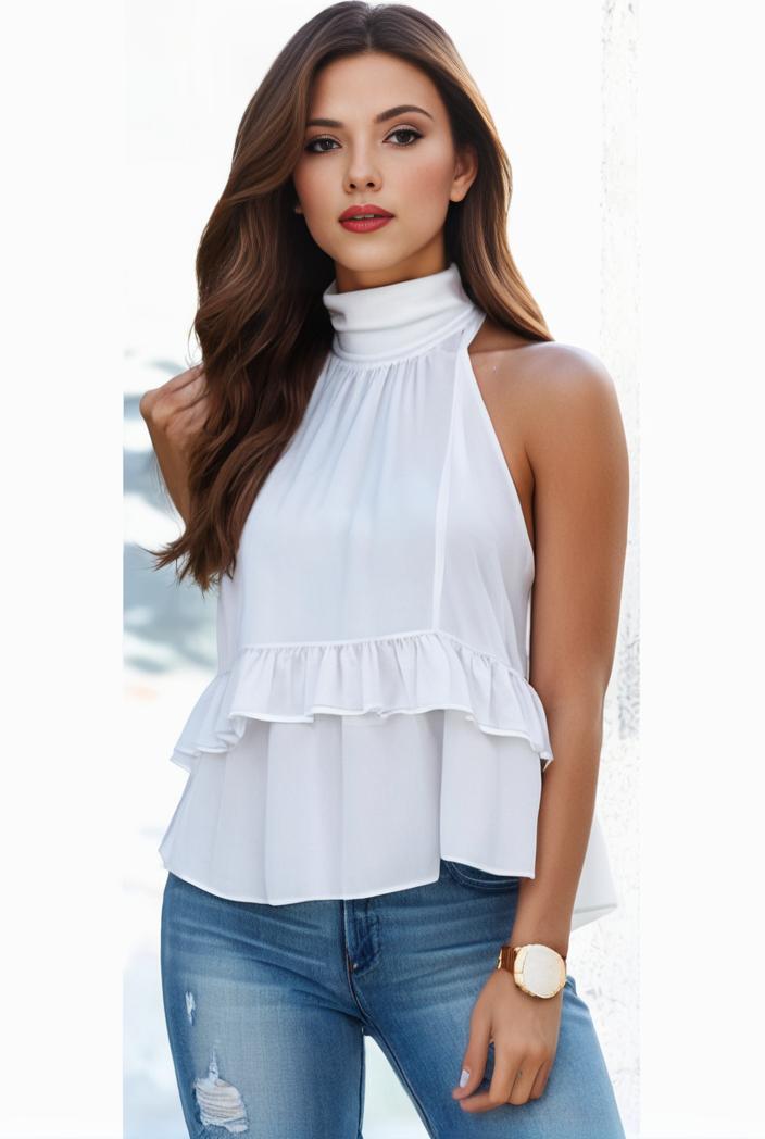 mock neck ruched ruffles sleeveless casual top 126319