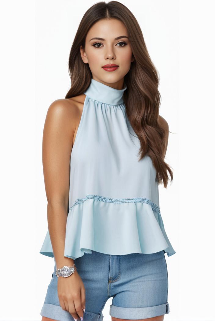 mock neck ruched ruffles sleeveless casual top 126317