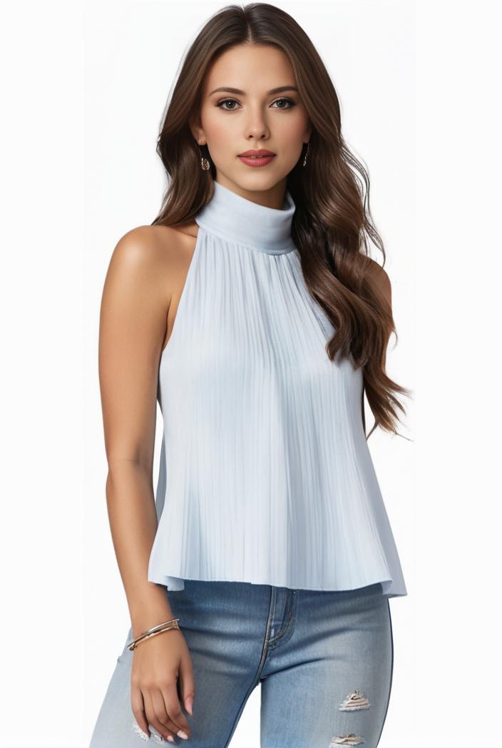 mock neck ruched ruffles sleeveless casual top 126324