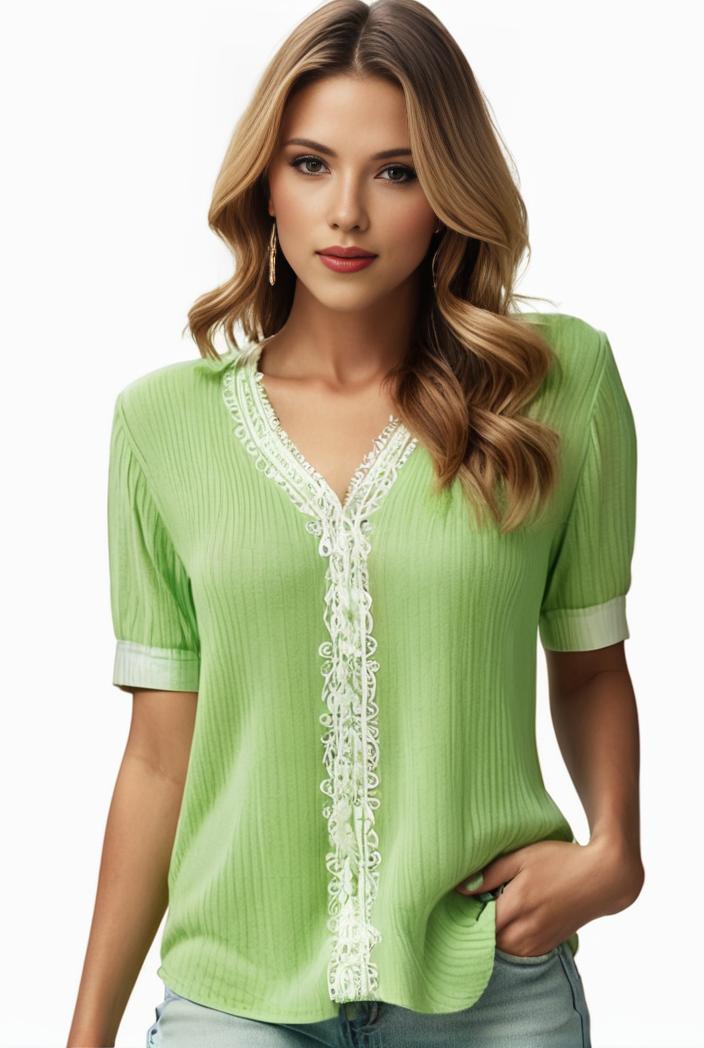 plus size elegant blouse women s plus solid contrast lace ribbed puff sleeve v neck shirt top 129914