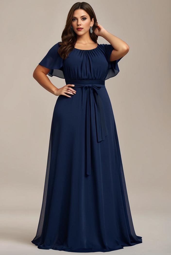 plus size simple chiffon pleated a line round neckline bridesmaid dress 133618