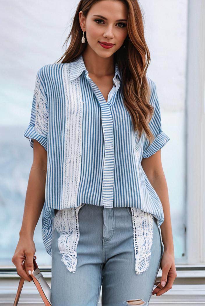 v neck thin loose plaid short sleeved blouse 100146