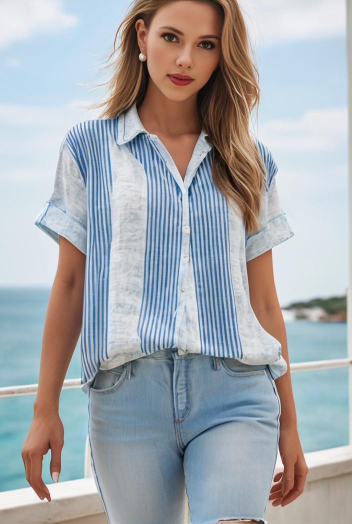 v neck thin loose plaid short sleeved blouse 100147