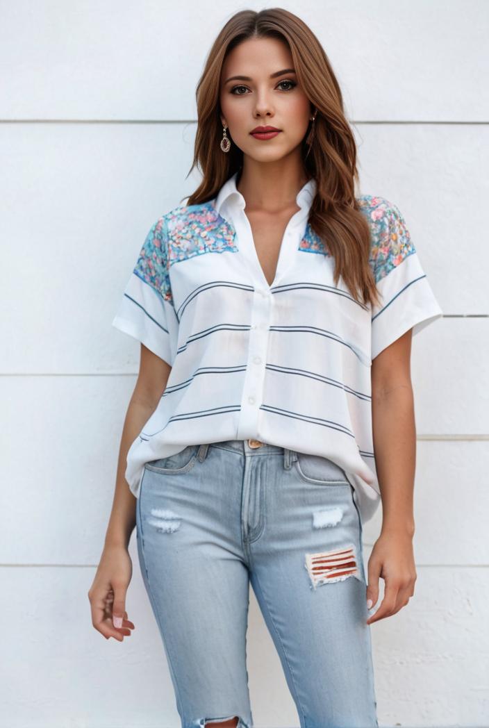 v neck thin loose plaid short sleeved blouse 100151