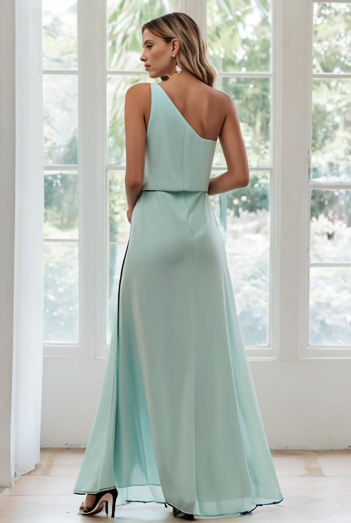 flowy chiffon one shoulder with three straps bridesmaid dress 116488