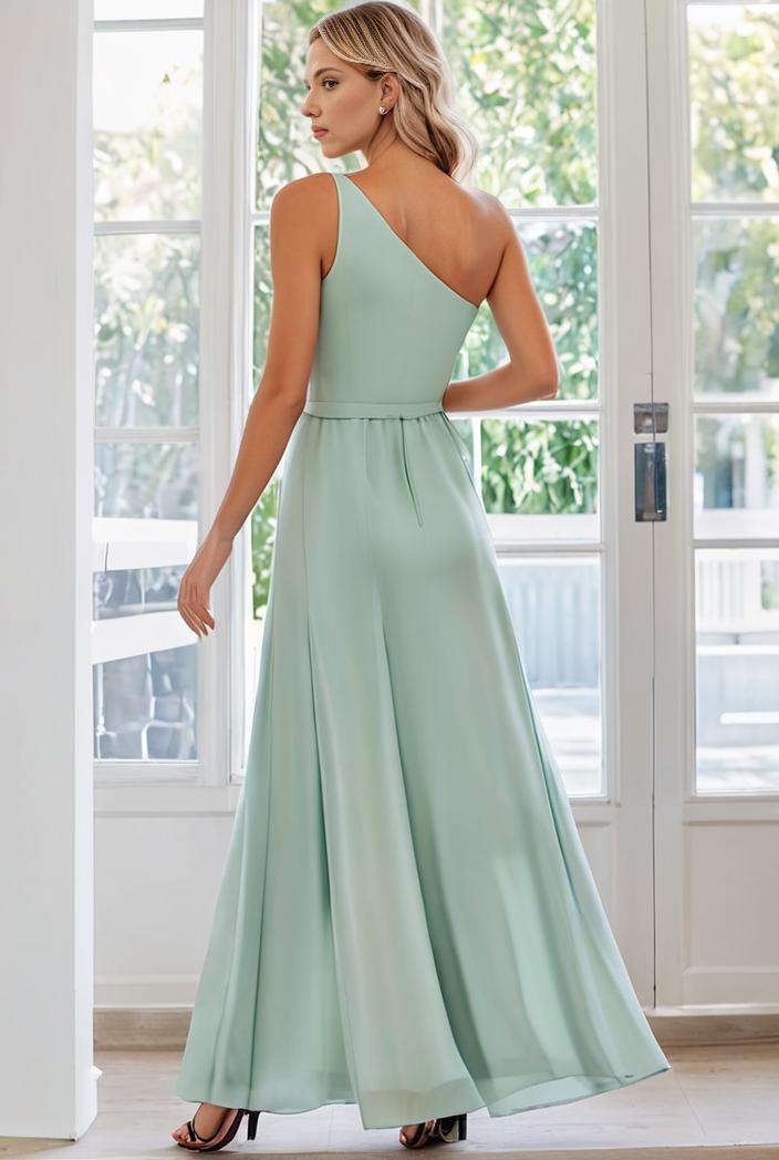 flowy chiffon one shoulder with three straps bridesmaid dress 116489
