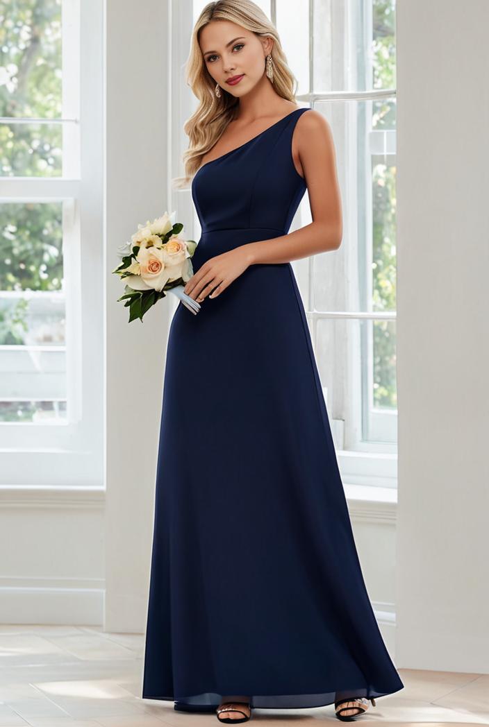 flowy chiffon one shoulder with three straps bridesmaid dress 116492