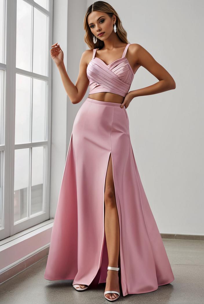 pleated v neck spaghetti strap high slit bridesmaid dress 122529