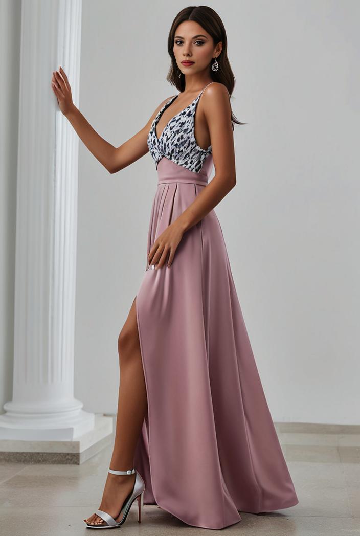 pleated v neck spaghetti strap high slit bridesmaid dress 122548