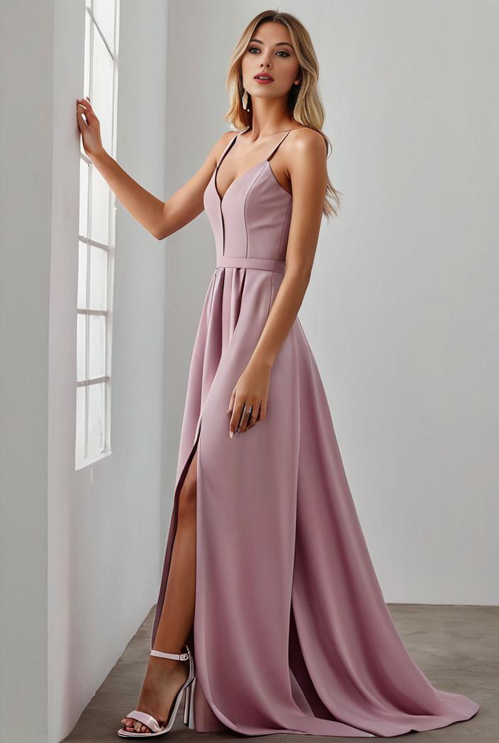 pleated v neck spaghetti strap high slit bridesmaid dress 122549