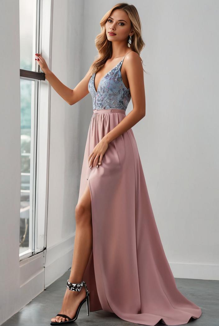 pleated v neck spaghetti strap high slit bridesmaid dress 122550