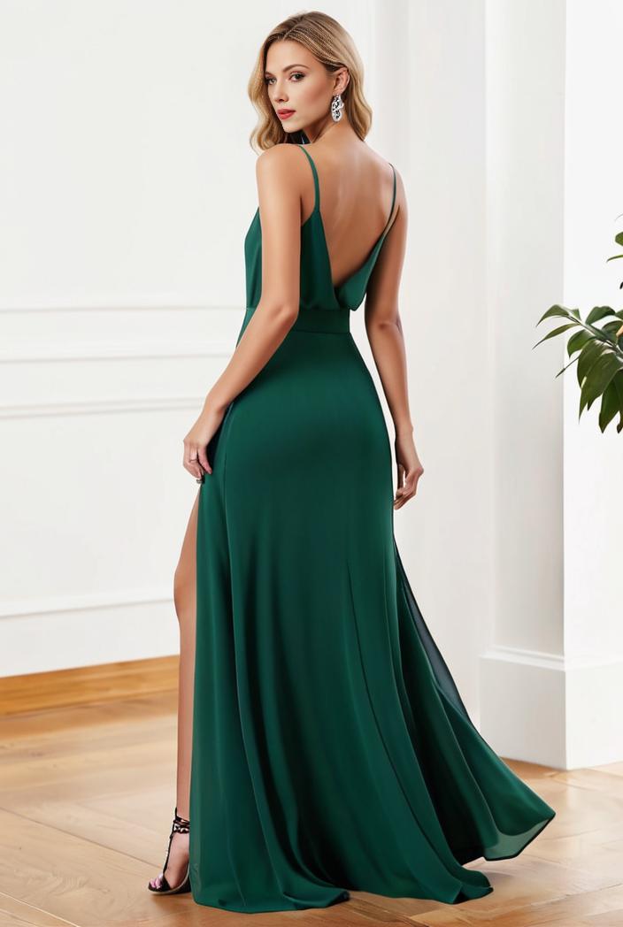 pleated v neck spaghetti strap high slit bridesmaid dress 122559