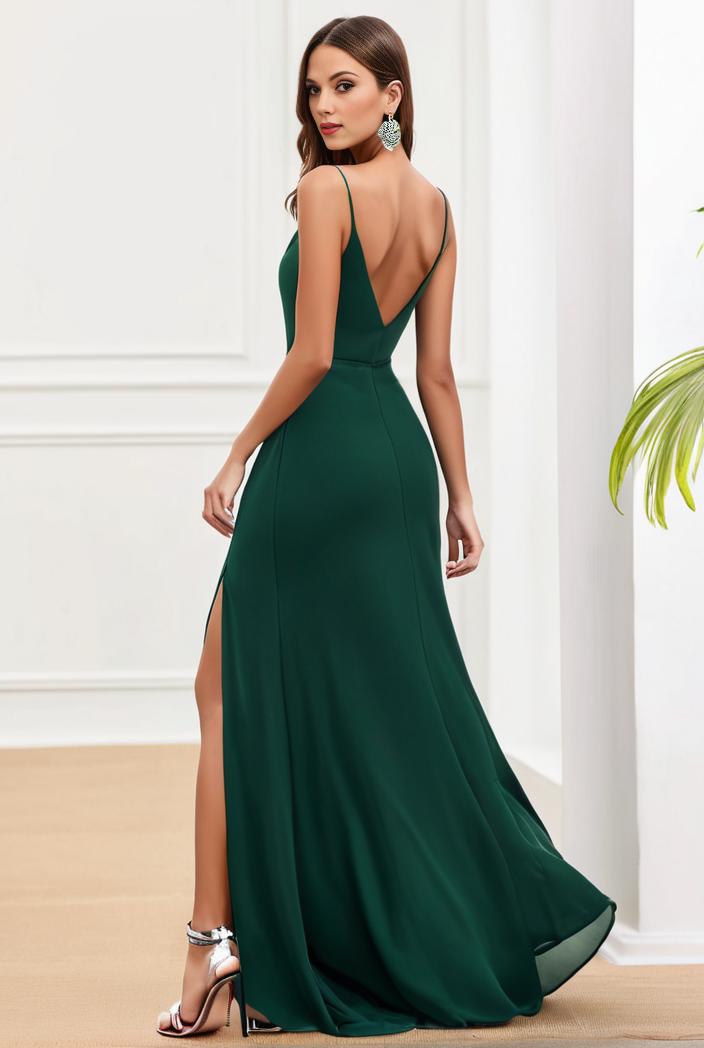 pleated v neck spaghetti strap high slit bridesmaid dress 122561