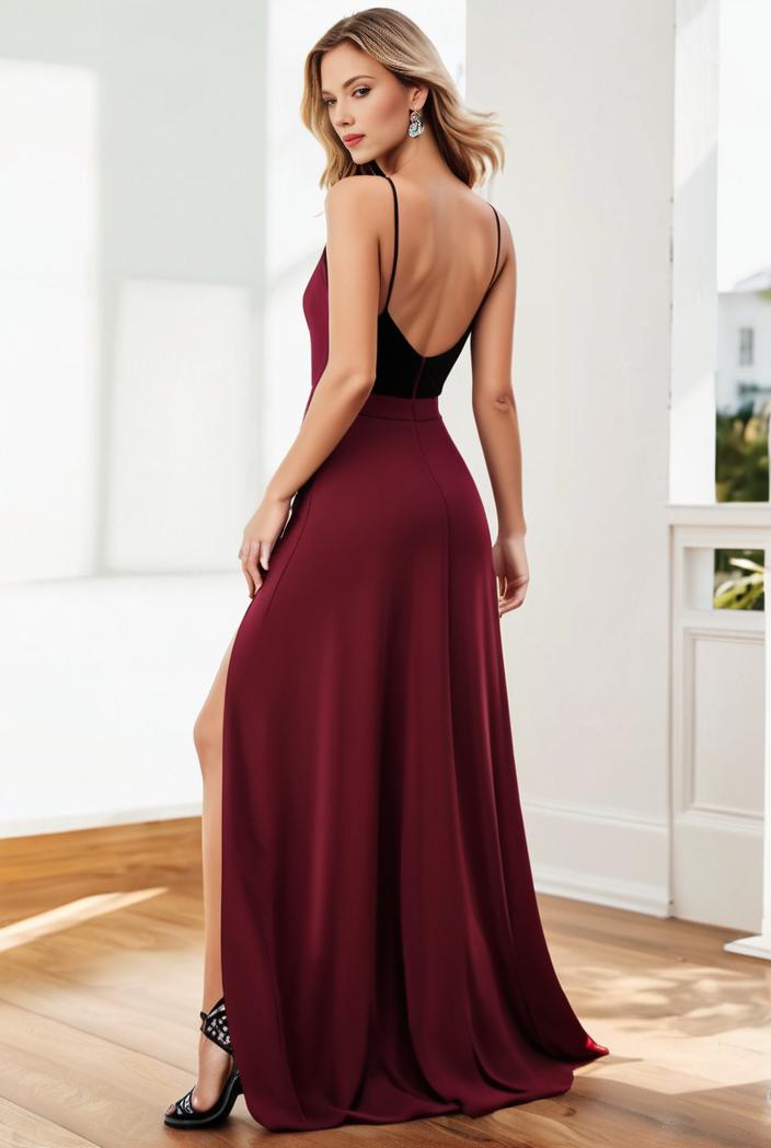 pleated v neck spaghetti strap high slit bridesmaid dress 122583