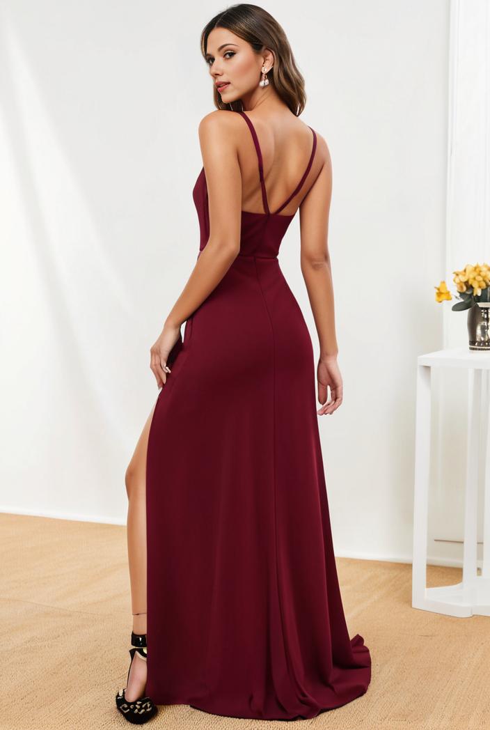 pleated v neck spaghetti strap high slit bridesmaid dress 122584