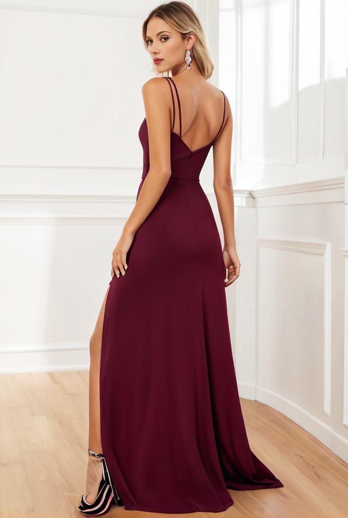 pleated v neck spaghetti strap high slit bridesmaid dress 122589