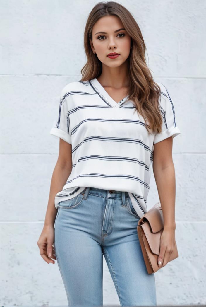 v neck thin loose plaid short sleeved blouse 143985