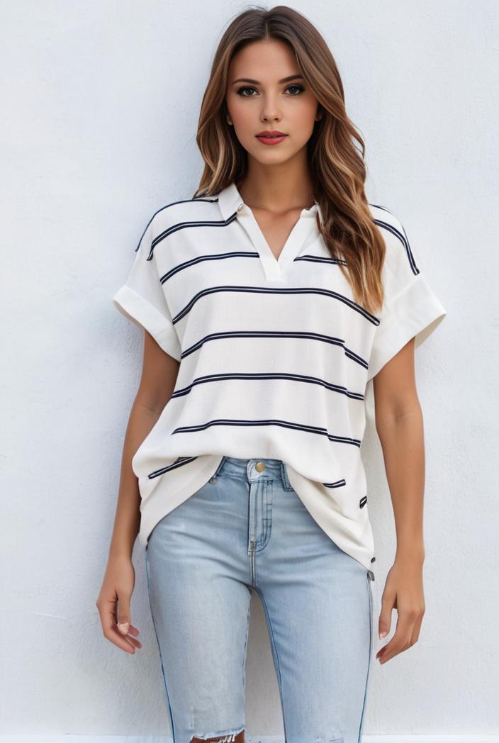 v neck thin loose plaid short sleeved blouse 143984
