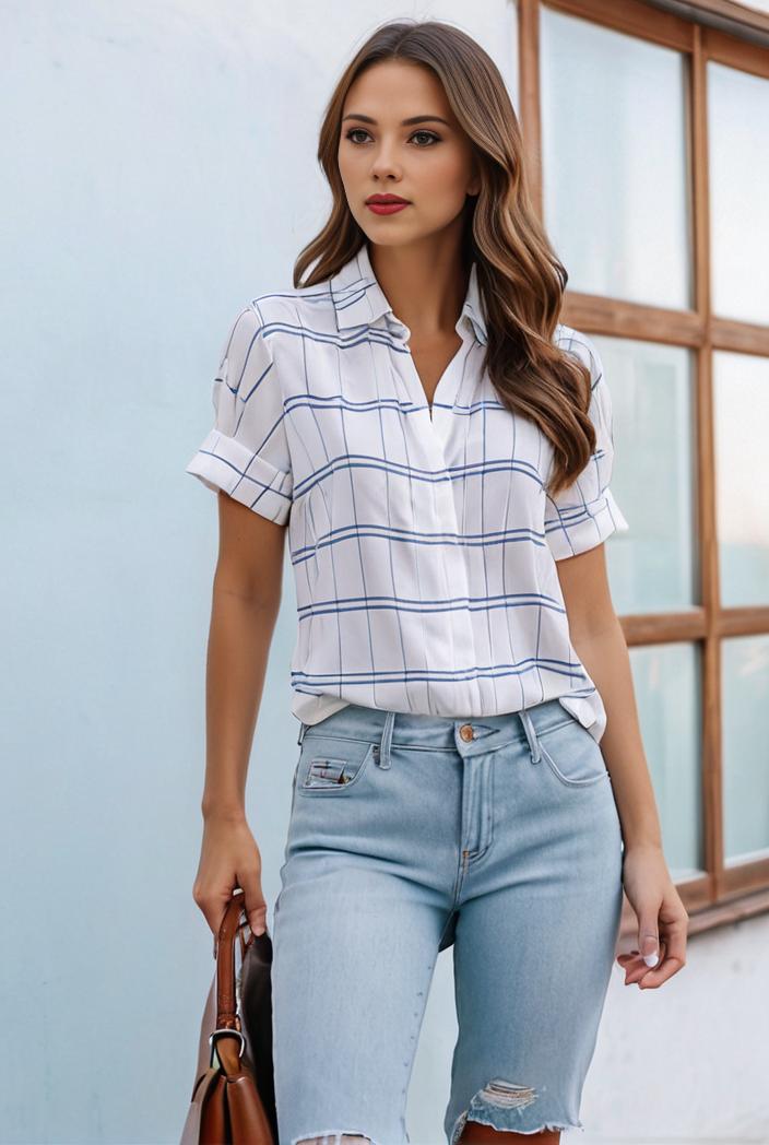 v neck thin loose plaid short sleeved blouse 143992