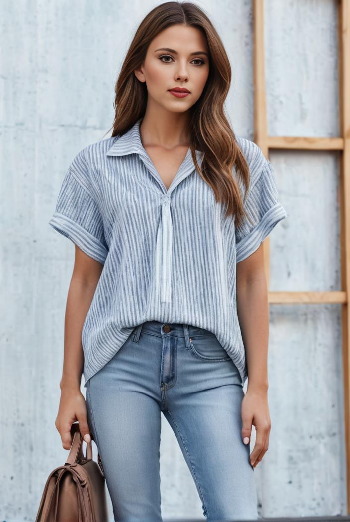 v neck thin loose plaid short sleeved blouse 143999