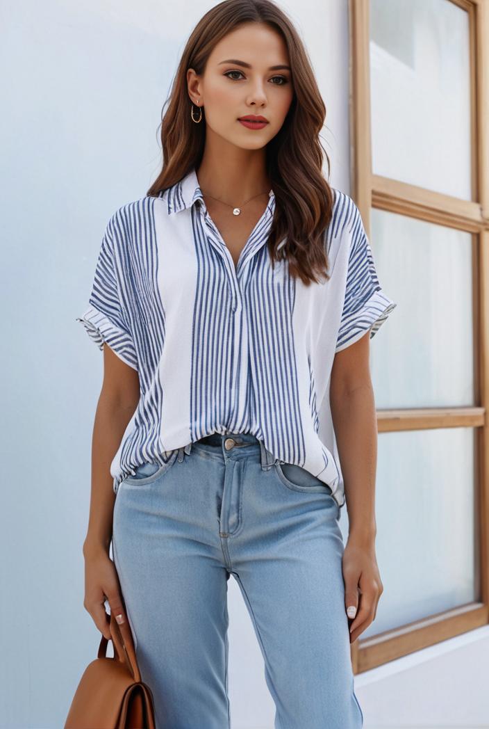 v neck thin loose plaid short sleeved blouse 144000