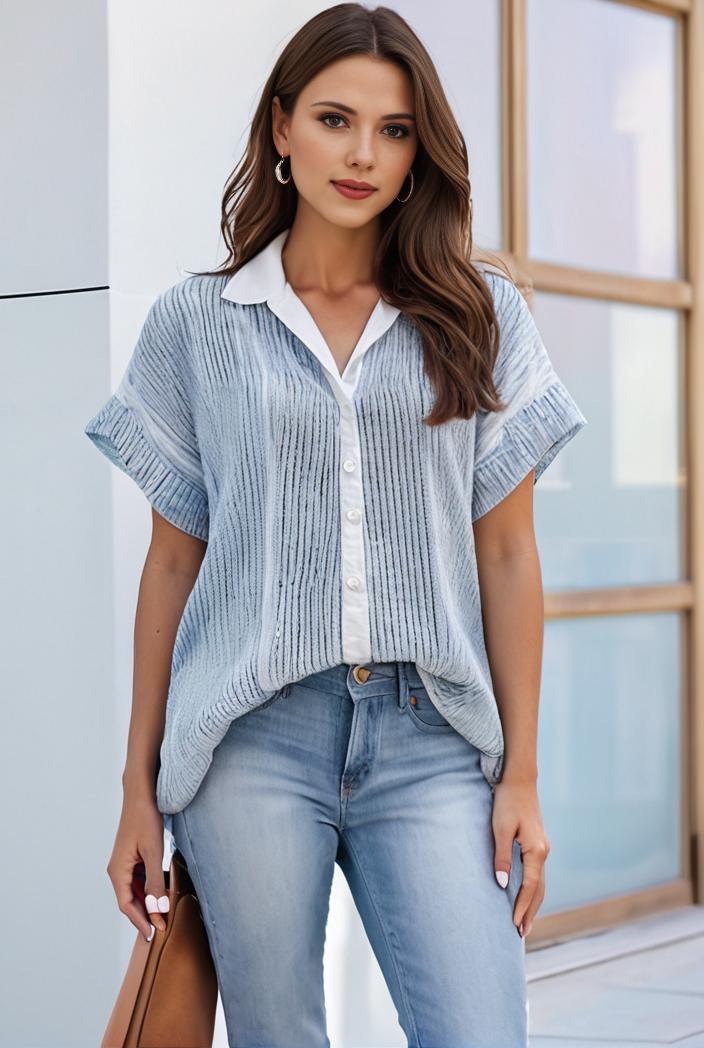 v neck thin loose plaid short sleeved blouse 144002