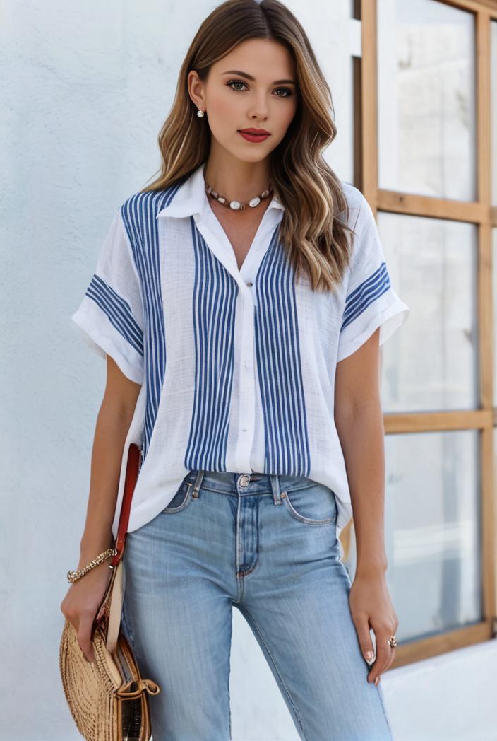 v neck thin loose plaid short sleeved blouse 144005