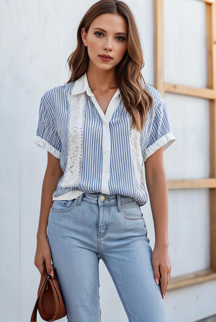 v neck thin loose plaid short sleeved blouse 144004