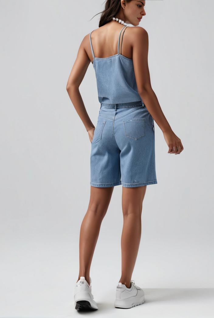 blue denim jumpsuit with distressed ripped details for women 106915