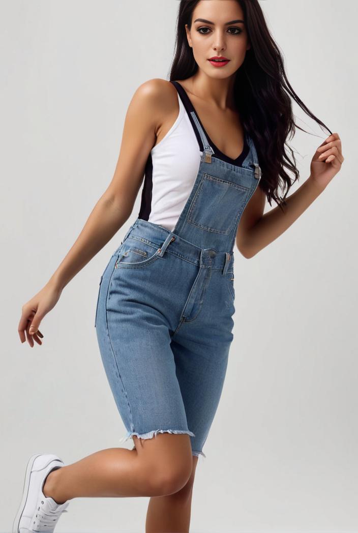 blue denim jumpsuit with distressed ripped details for women 106931