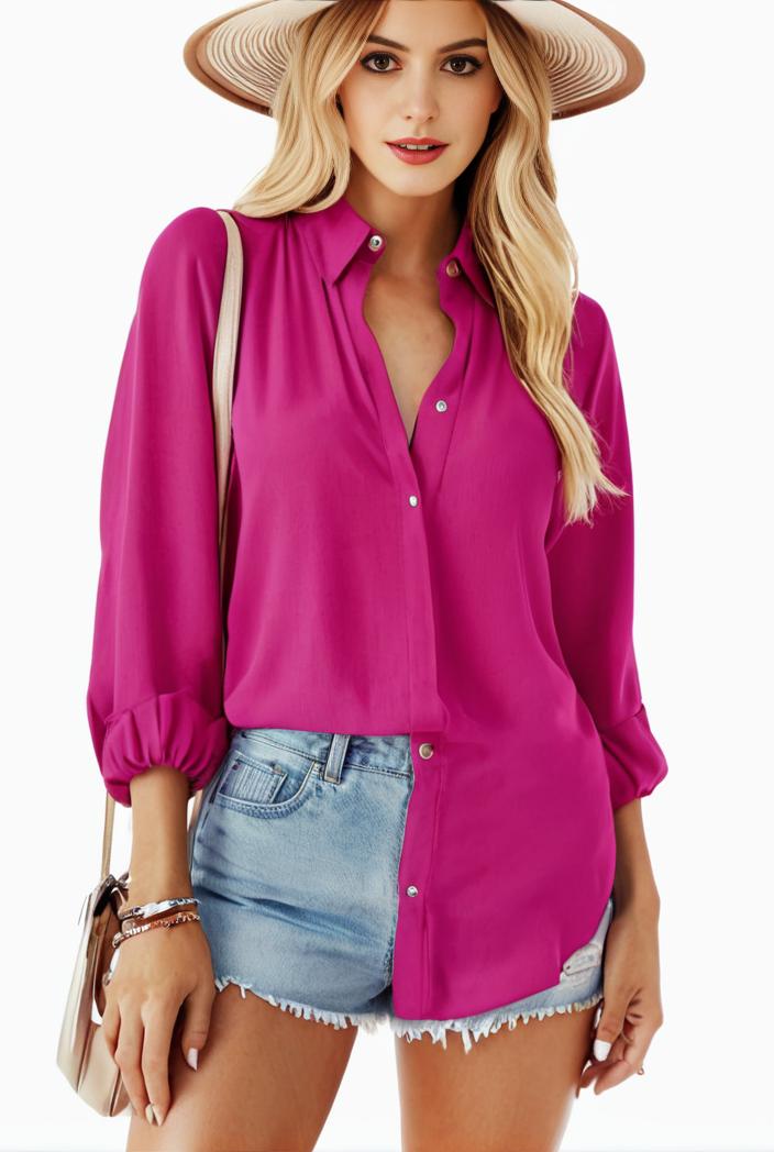 casual button up shirt with front pocket and turn down collar for women 109172