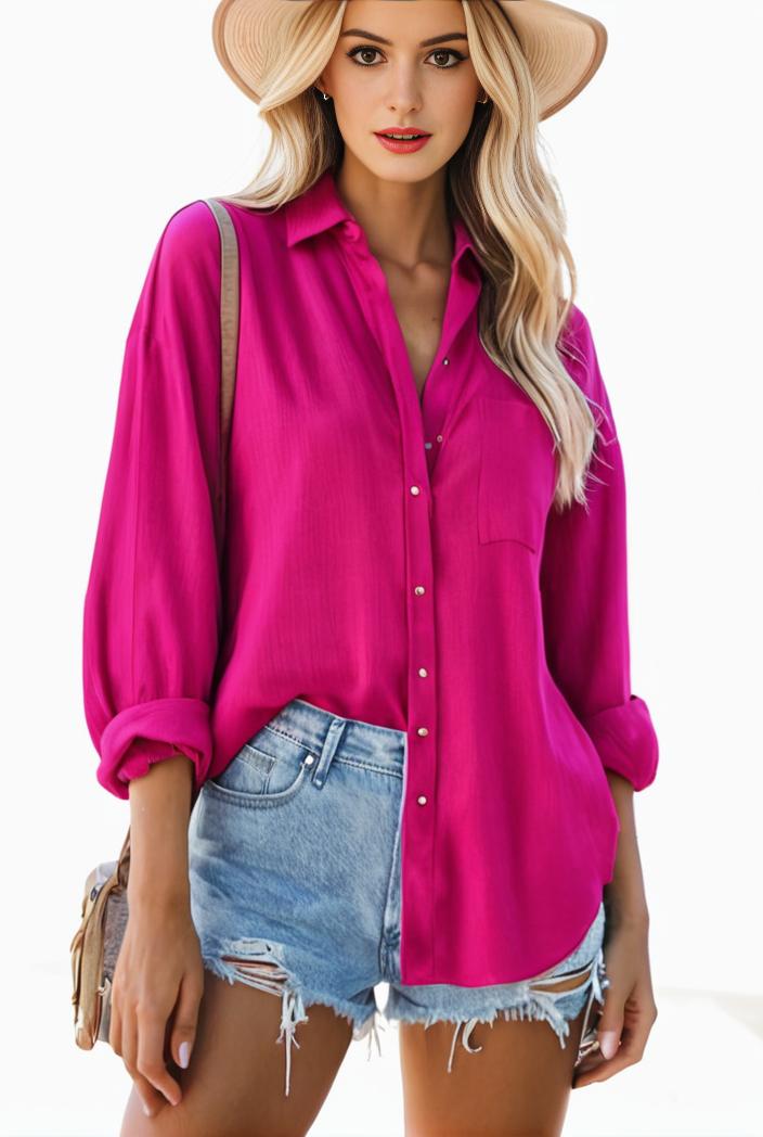 casual button up shirt with front pocket and turn down collar for women 109173