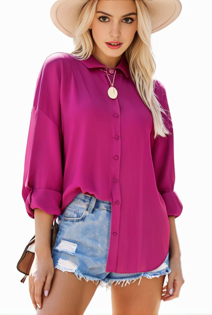 casual button up shirt with front pocket and turn down collar for women 109177
