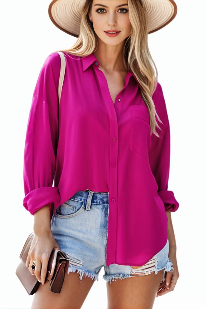 casual button up shirt with front pocket and turn down collar for women 109178