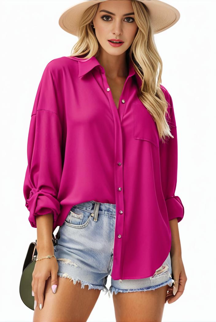 casual button up shirt with front pocket and turn down collar for women 109179