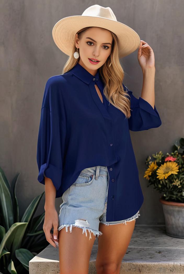 casual button up shirt with front pocket and turn down collar for women 109186