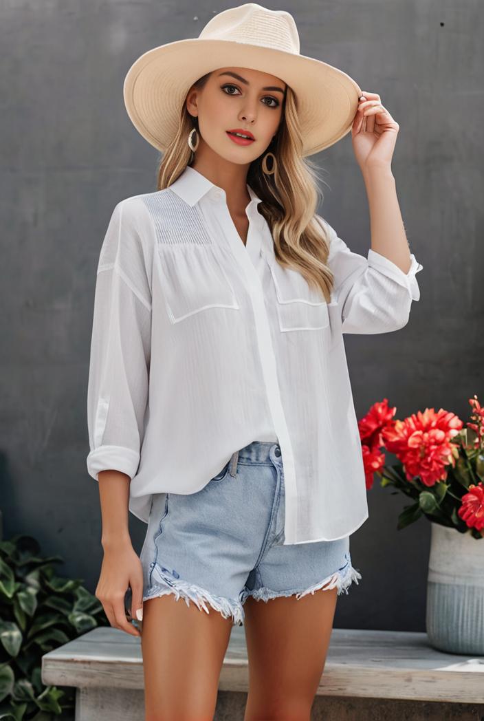 casual button up shirt with front pocket and turn down collar for women 109201