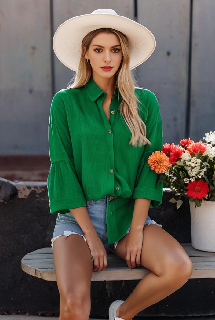 casual button up shirt with front pocket and turn down collar for women 109205