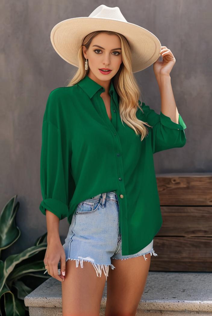 casual button up shirt with front pocket and turn down collar for women 109218