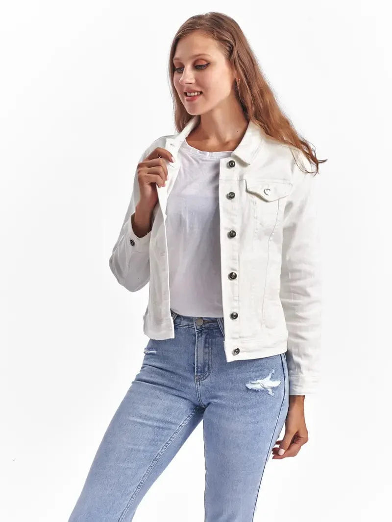Lapel Denim Coat with Long Sleeves and Buttoned Flap Pockets - Stylish Women's Jacket