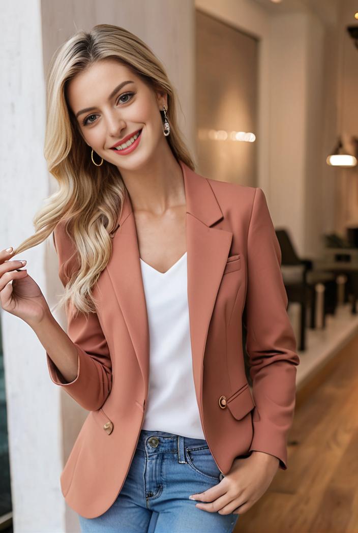ladies solid button up blazer with long sleeves casual lapel design 123457