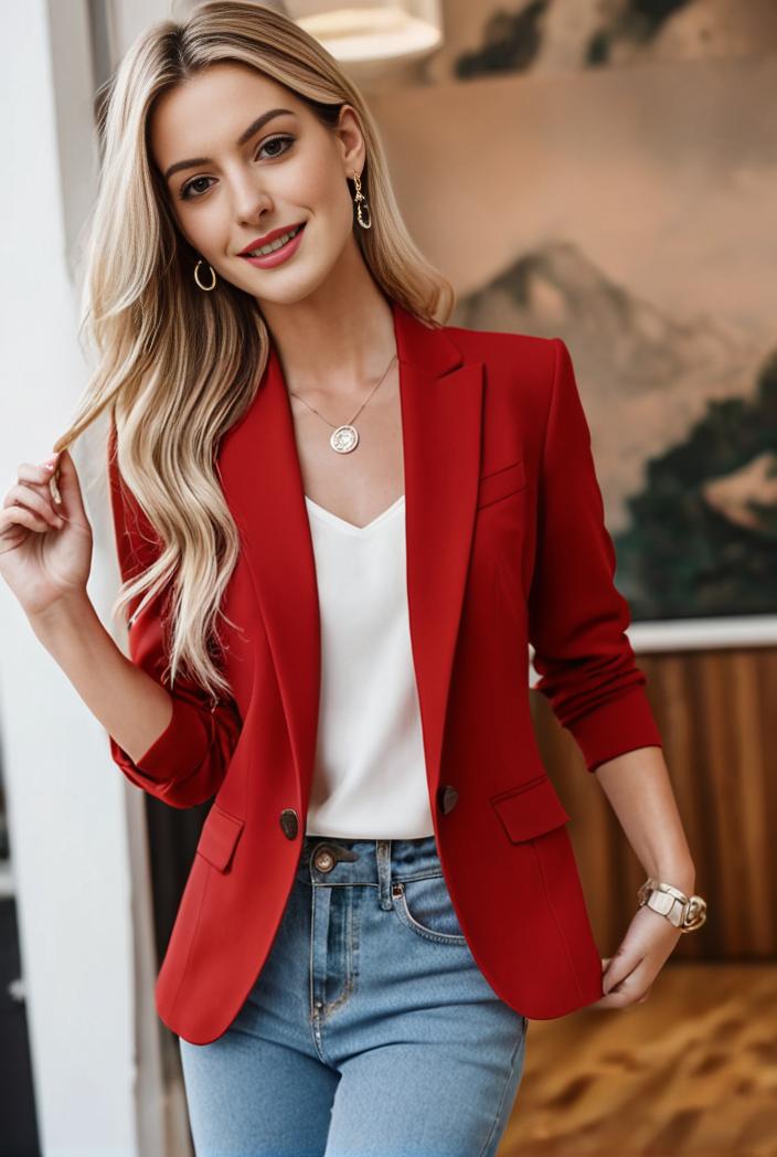 ladies solid button up blazer with long sleeves casual lapel design 123474
