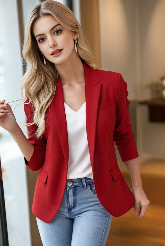 ladies solid button up blazer with long sleeves casual lapel design 123475