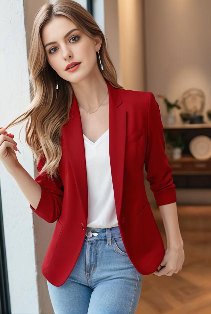 ladies solid button up blazer with long sleeves casual lapel design 123476