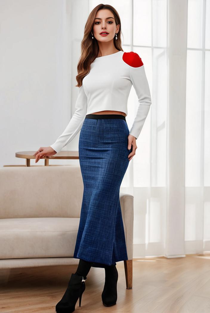 mermaid denim skirt with slant pockets stretch high waist women s denim midi skirt 124890