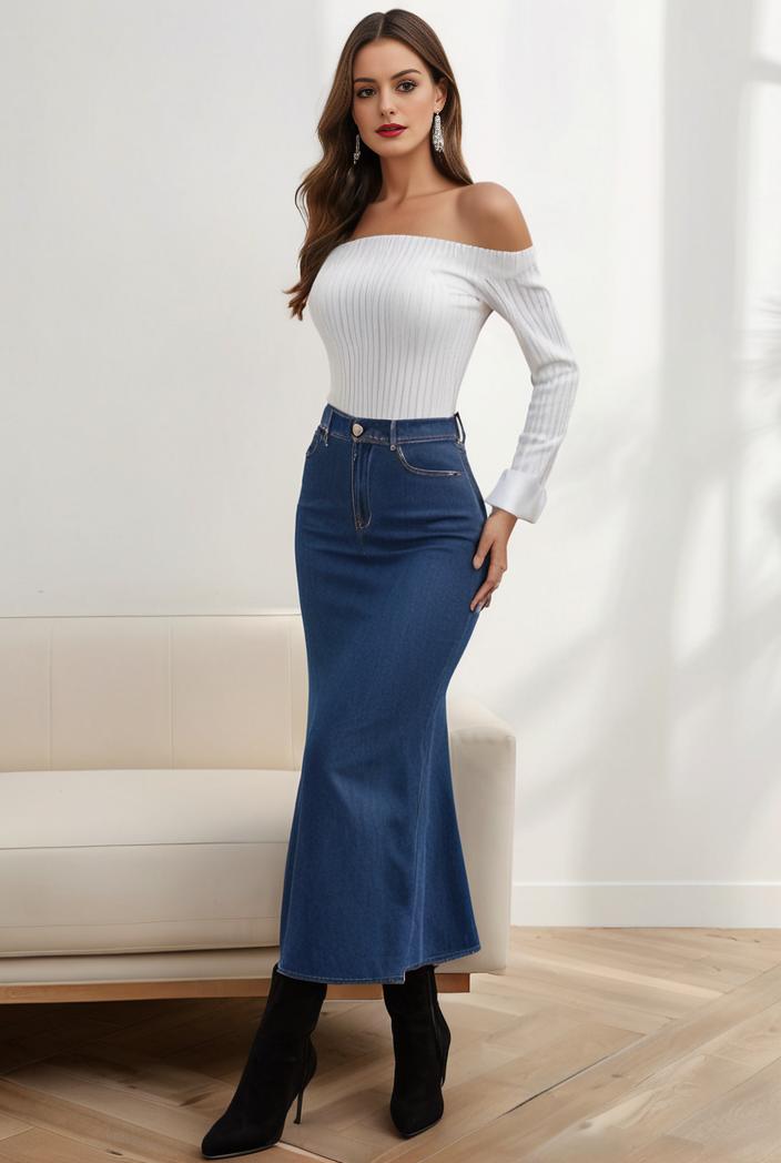 mermaid denim skirt with slant pockets stretch high waist women s denim midi skirt 124892